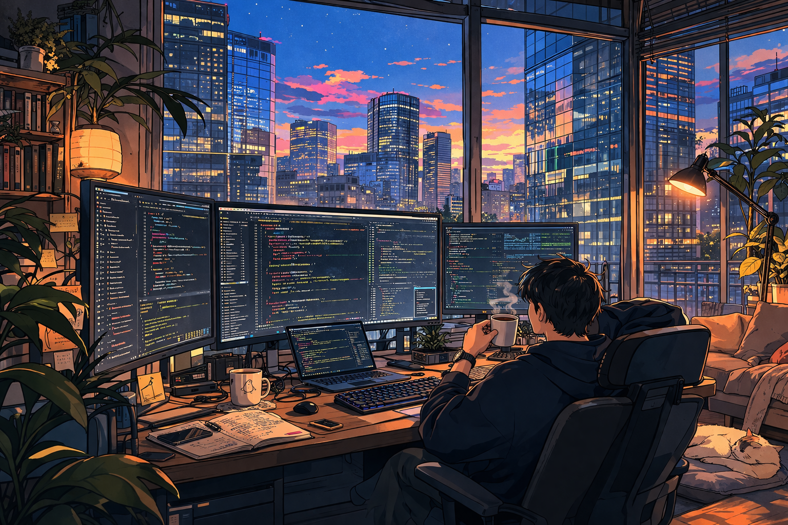 A quiet workshop at dusk, with the plan on the desk, agents glowing on the monitors, the city going amber through the glass.